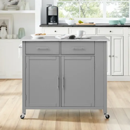 Kirkland's Home Susanne Stainless Top And Gray Wood Kitchen Island- Kitchen Islands & Bar Carts
