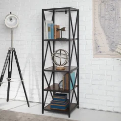 Kirkland's Home Tall Metal X-Framed Dark Walnut Bookshelf- Office Furniture