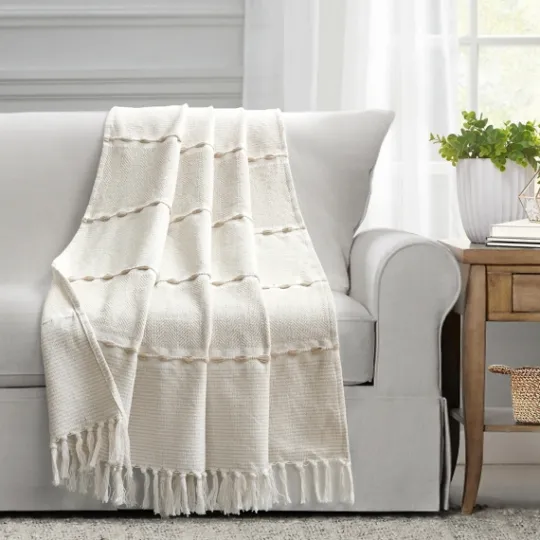 Kirkland's Home Tan And White Herringbone Stripe Throw- Blankets & Throws