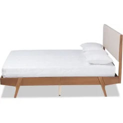 Kirkland's Home Tan Upholstered Brown Wood Full Platform Bed- Beds & Headboards