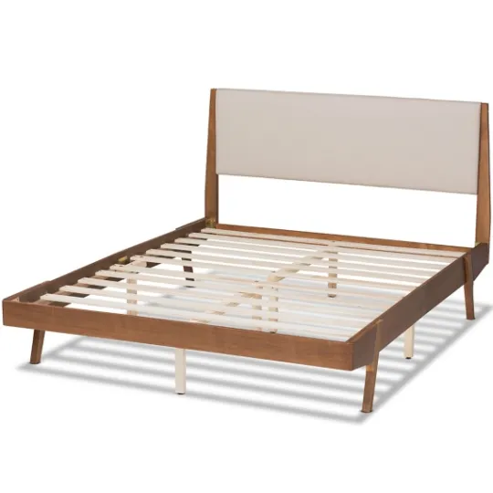 Kirkland's Home Tan Upholstered Brown Wood Full Platform Bed- Beds & Headboards