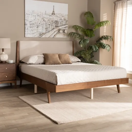 Kirkland's Home Tan Upholstered Brown Wood Full Platform Bed- Beds & Headboards