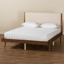 Kirkland's Home Tan Upholstered Brown Wood Full Platform Bed- Beds & Headboards