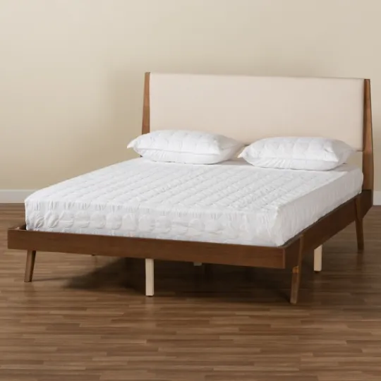 Kirkland's Home Tan Upholstered Brown Wood Full Platform Bed- Beds & Headboards