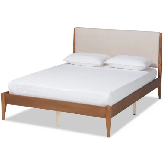 Kirkland's Home Tan Upholstered Brown Wood King Platform Bed- Beds & Headboards