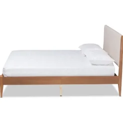 Kirkland's Home Tan Upholstered Brown Wood King Platform Bed- Beds & Headboards