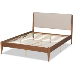 Kirkland's Home Tan Upholstered Brown Wood King Platform Bed- Beds & Headboards