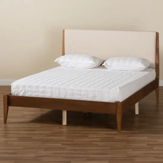 Kirkland's Home Tan Upholstered Brown Wood King Platform Bed- Beds & Headboards
