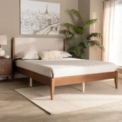 Kirkland's Home Tan Upholstered Classic Wood Full Platform Bed- Beds & Headboards