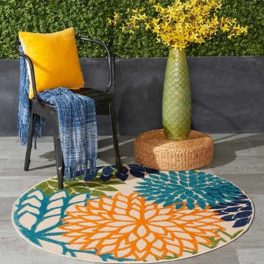 Kirkland's Home Tangerine Floral Burst Round Outdoor Area Rug- Outdoor Rugs