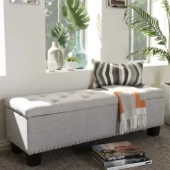 Kirkland's Home Taupe Button-Tufted Upholstered Storage Bench- Entryway Furniture