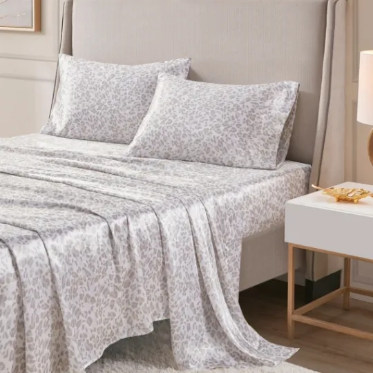 Kirkland's Home Taupe Leopard Print Satin 4-Pc. Full Sheet Set- Bed Sheets