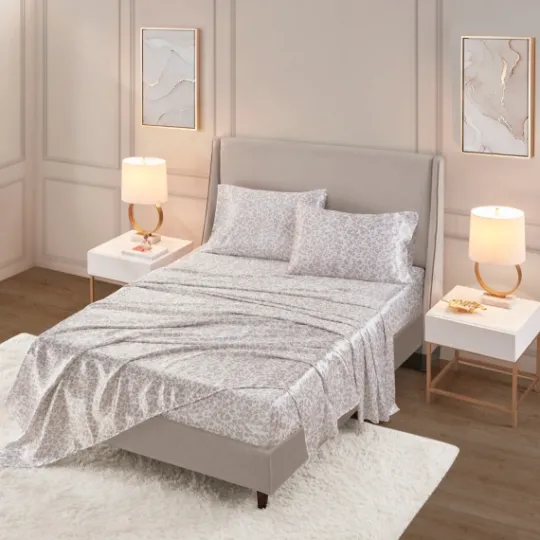 Kirkland's Home Taupe Leopard Print Satin 4-Pc. King Sheet Set- Bed Sheets