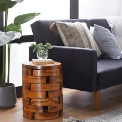 Kirkland's Home Teak Wood Stacked Round Stool- Benches & Ottomans