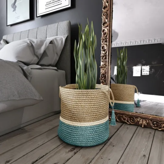 Kirkland's Home Teal Off White Woven Basket With Tassel, 17 In.- Baskets & Boxes