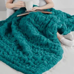 Kirkland's Home Teal Ruched Faux Fur Throw- Blankets & Throws