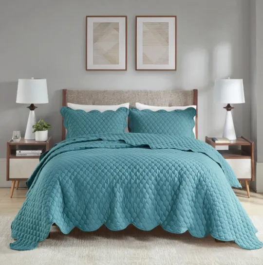 Kirkland's Home Teal Scalloped Crinkle 3-Pc. Full/Queen Quilt Set- Quilts