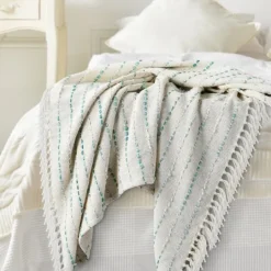 Kirkland's Home Teal Shimmer Stripe Woven Throw- Blankets & Throws