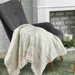 Kirkland's Home Teal Shimmer Stripe Woven Throw- Blankets & Throws
