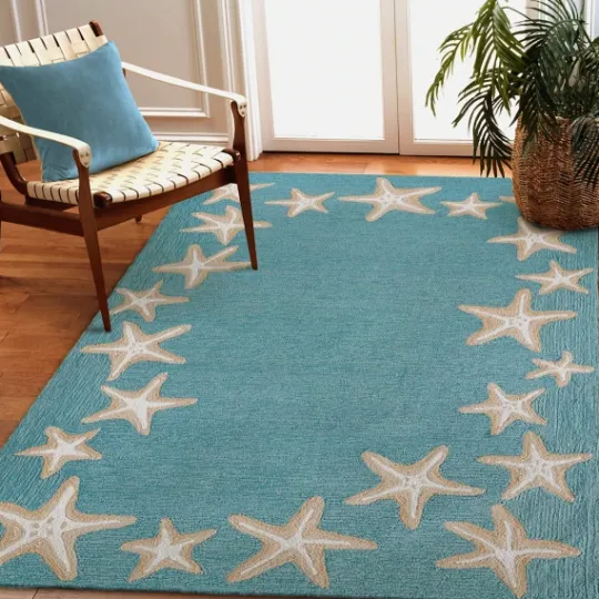Kirkland's Home Teal Starfish Border Outdoor Area Rug, 5X7- Outdoor Rugs