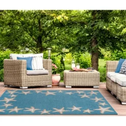 Kirkland's Home Teal Starfish Border Outdoor Area Rug, 5X7- Outdoor Rugs