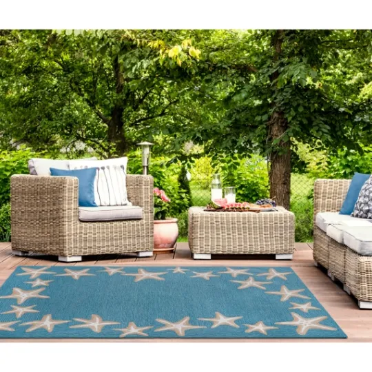 Kirkland's Home Teal Starfish Border Outdoor Area Rug, 5X7- Outdoor Rugs