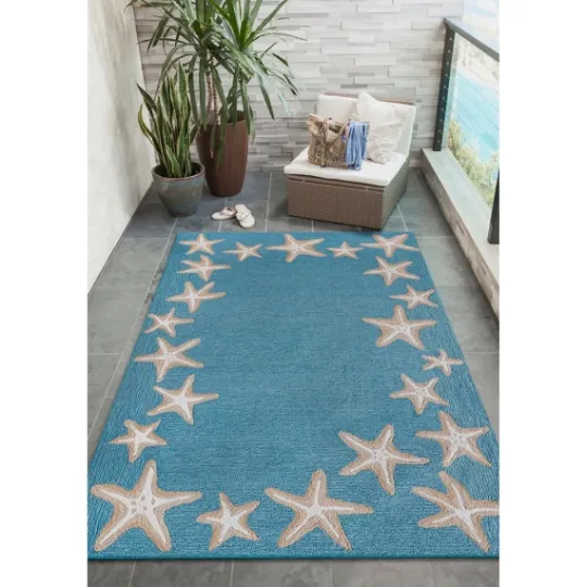 Kirkland's Home Teal Starfish Border Outdoor Area Rug, 5X7- Outdoor Rugs
