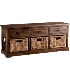 Kirkland's Home Tommy Wood And Woven Baskets Storage Bench- Entryway Furniture