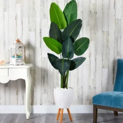 Kirkland's Home Travelers Palm Rock Tree In White Plant Stand- Trees & Topiaries