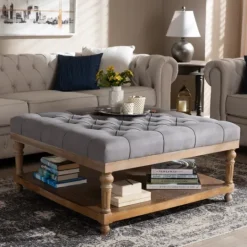 Kirkland's Home Upholstered Linen Tufted Ottoman With Shelf- Benches & Ottomans