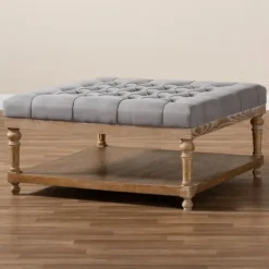 Kirkland's Home Upholstered Linen Tufted Ottoman With Shelf- Benches & Ottomans