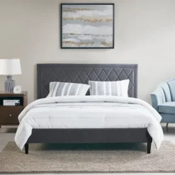 Kirkland's Home Viv Charcoal Diamond Tufted Full Bed Frame- Beds & Headboards