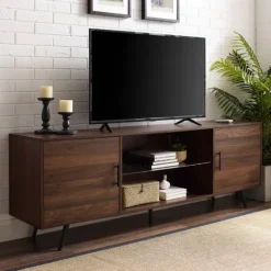Kirkland's Home Walnut Mid-Century Modern Glass Shelf Tv Stand- Tv Stands & Media Consoles