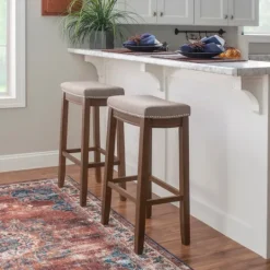 Kirkland's Home Walnut Wood Bar Stool With Cushion- Bar Stools & Counter Height Stools