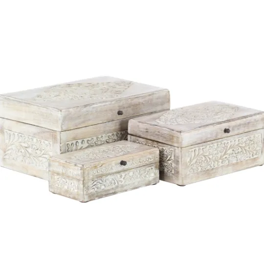 Kirkland's Home Washed Floral Carved Wood Boxes, Set Of 3- Baskets & Boxes