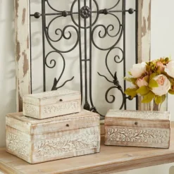 Kirkland's Home Washed Floral Carved Wood Boxes, Set Of 3- Baskets & Boxes
