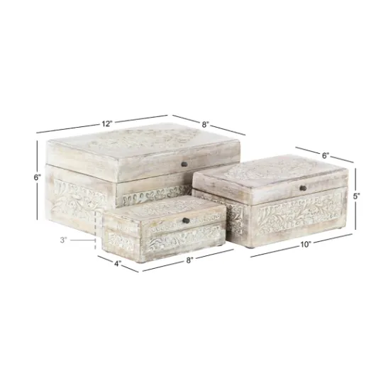 Kirkland's Home Washed Floral Carved Wood Boxes, Set Of 3- Baskets & Boxes