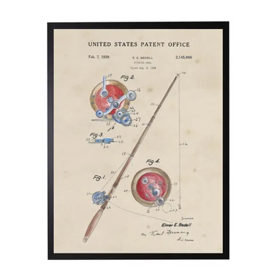 Kirkland's Home Watercolor Fishing Rod Patent Framed Art Print- Framed Art