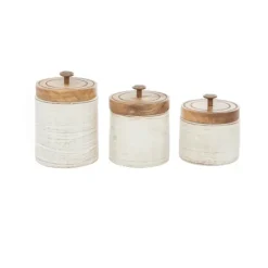 Kirkland's Home Weathered Ivory Jars With Wooden Lids, Set Of 3- Decorative Bowls & Jars