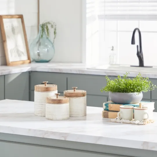 Kirkland's Home Weathered Ivory Jars With Wooden Lids, Set Of 3- Decorative Bowls & Jars