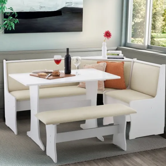 Kirkland's Home White And Beige Upholstered 3-Pc Dining Nook Set- Dining Sets