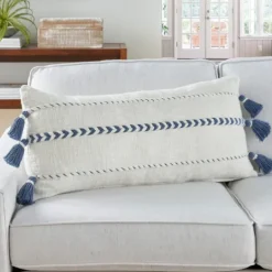Kirkland's Home White And Blue Braided Stripe Lumbar Pillow- Pillows
