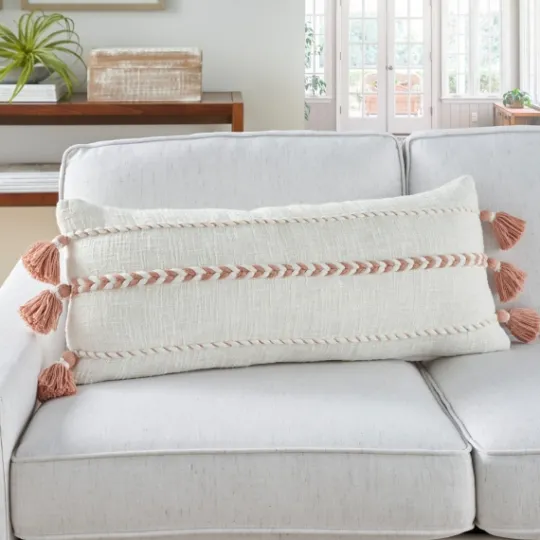Kirkland's Home White And Blush Braided Stripe Lumbar Pillow- Pillows