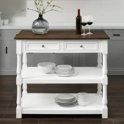Kirkland's Home White And Brown Wood Kitchen Island- Kitchen Islands & Bar Carts