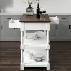 Kirkland's Home White And Brown Wood Kitchen Island- Kitchen Islands & Bar Carts