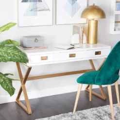 Kirkland's Home White And Gold Metal Desk With Outlets- Office Furniture