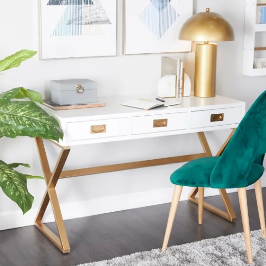 Kirkland's Home White And Gold Metal Desk With Outlets- Office Furniture