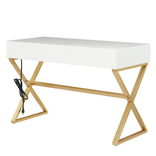 Kirkland's Home White And Gold Metal Desk With Outlets- Office Furniture