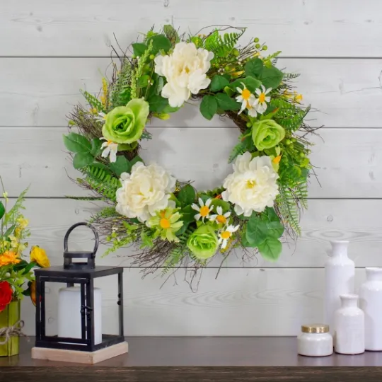 Kirkland's Home White And Green Mixed Floral Spring Wreath- Wreaths