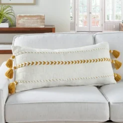 Kirkland's Home White And Mustard Braided Stripe Lumbar Pillow- Pillows